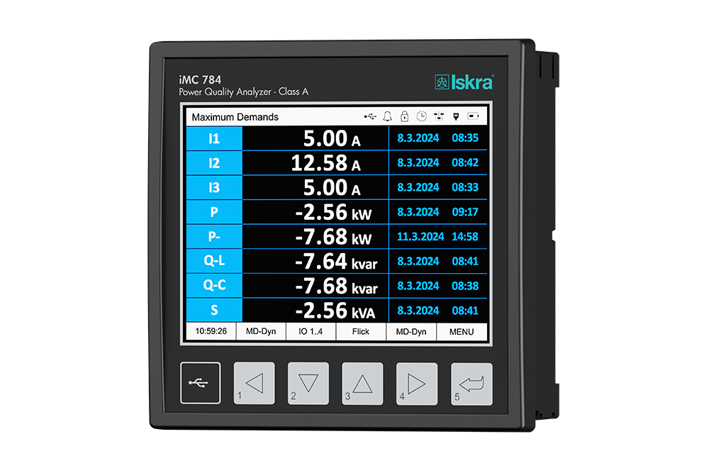Analizator kakovosti električne energije Iskra iMC 784, zaslon Maximum Demands s tokovi in močmi