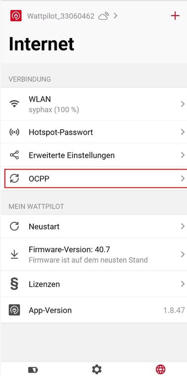Fronius Wattpilot -sovelluksen Internet-valikko, OCPP-kohta korostettu punaisella laatikolla