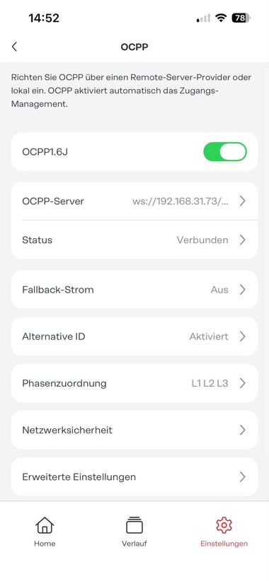 Fronius Wattpilot -sovelluksen OCPP-näyttö: OCPP1.6J päällä, palvelin ws://192.168.31.73, tila Verbunden
