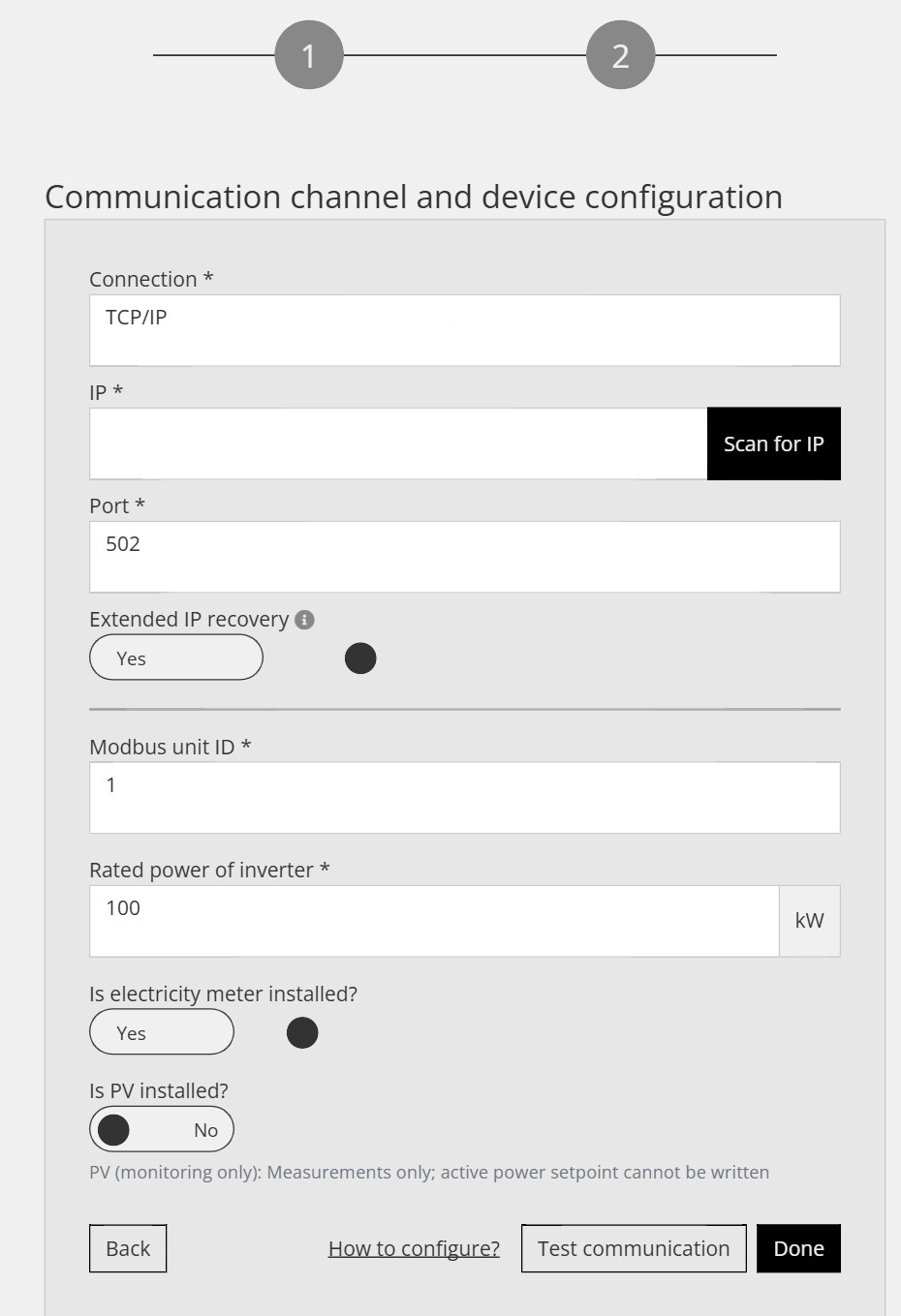 Nastavení komunikace Configurator pro FOX ESS G-MAX: TCP/IP port 502, unit ID 1, jmenovitý výkon 100 kW