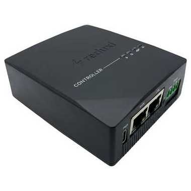 Foto de Reduxi Controller, una pequeña caja gris oscuro con dos puertos Ethernet