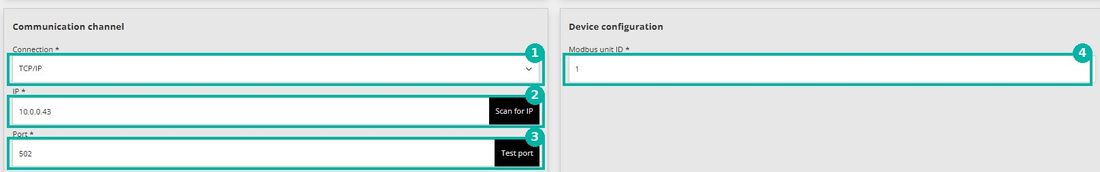 Communication channel de Reduxi Configurator: TCP/IP, IP 10.0.0.43, puerto 502, Modbus unit ID 1