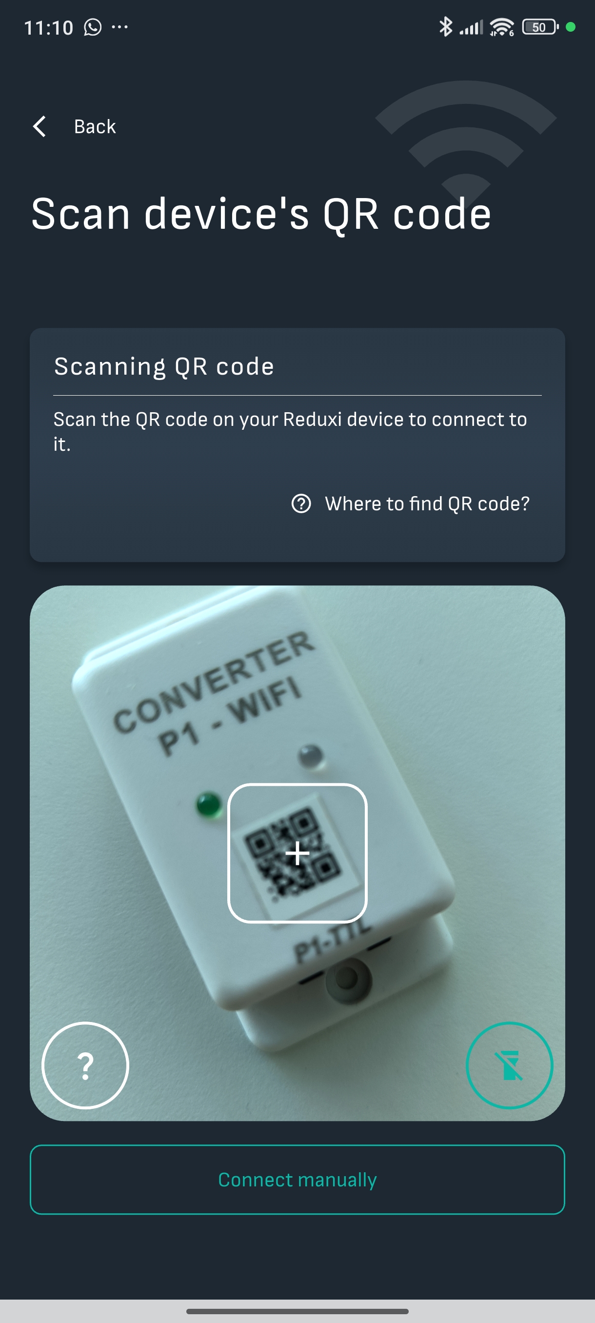 Obrazovka Scan device's QR code v aplikaci Reduxi: záběr kamery se zařízením CONVERTER P1 - WIFI s QR kódem, tlačítko Connect manually