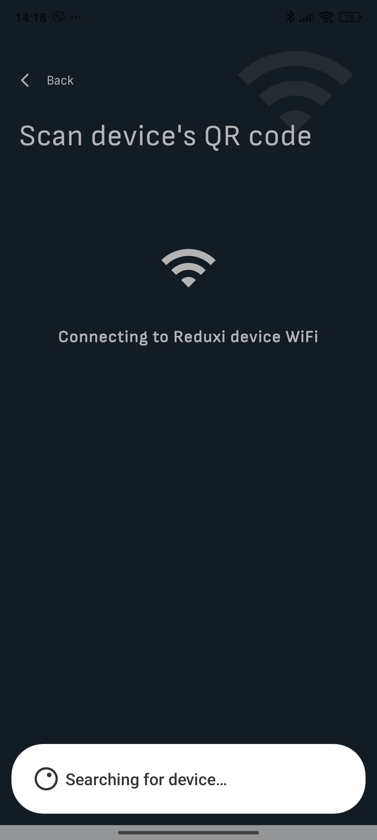 Obrazovka Scan device's QR code v aplikaci Reduxi s vyskakovacím oknem Connecting to Reduxi device WiFi a Searching for device