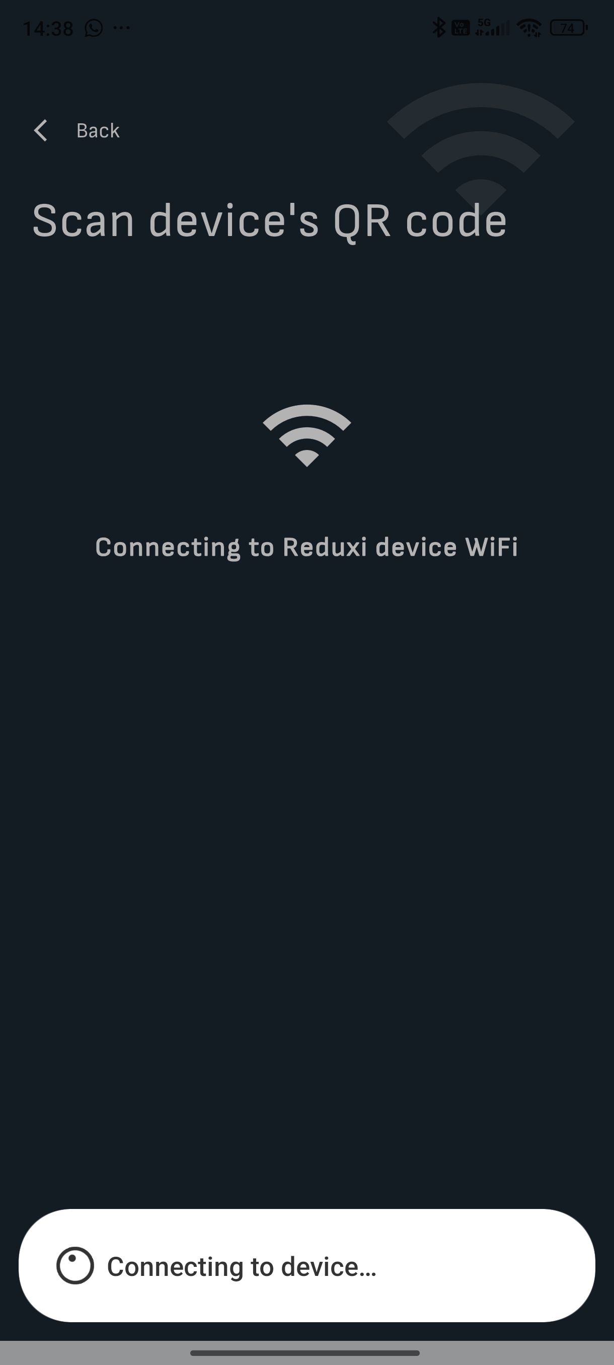 Aplikace Reduxi, Connecting to Reduxi device WiFi se systémovým vyskakovacím oknem Connecting to device