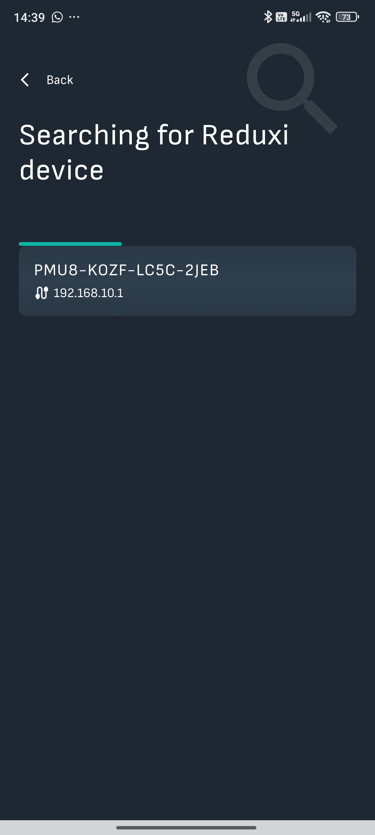 Aplikace Reduxi, vyhledávání zařízení Reduxi: nalezeno PMU8-KOZF-LC5C-2JEB na 192.168.10.1