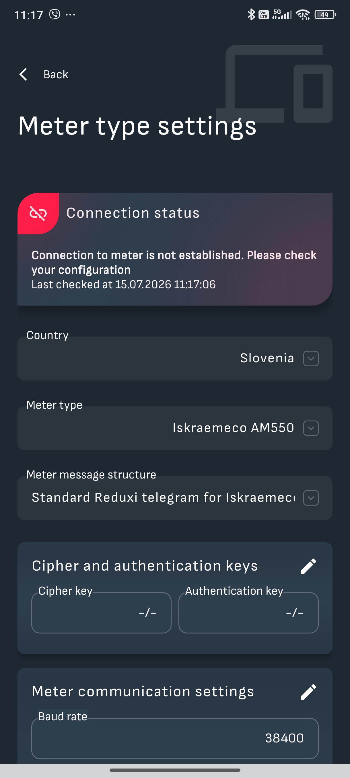 Meter type settings v aplikaci Reduxi: Slovenia, Iskraemeco AM550, spojení s měřidlem není navázáno, přenosová rychlost 38400