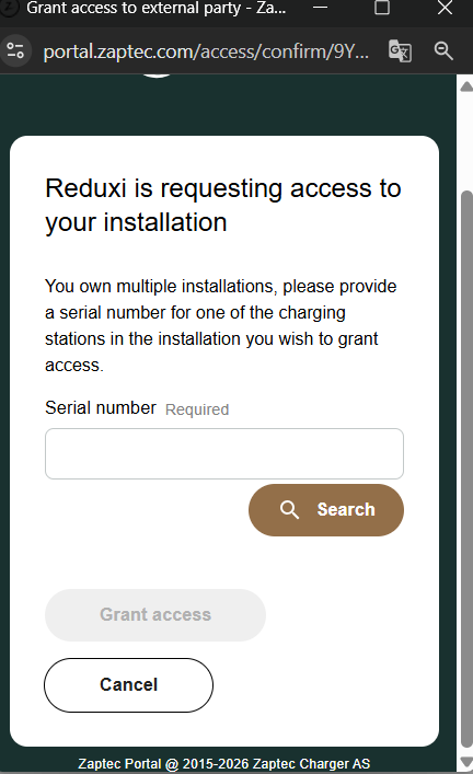 Zaptec Portal: Reduxi traži pristup vašoj instalaciji, prazno polje Serial number i gumb Search