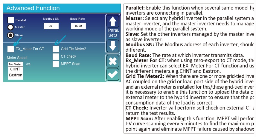 Zaslon Advanced Function razsmernika Deye: EX_Meter For CT in Grid Tie Meter2 označena s puščicama, Meter Select No Meter