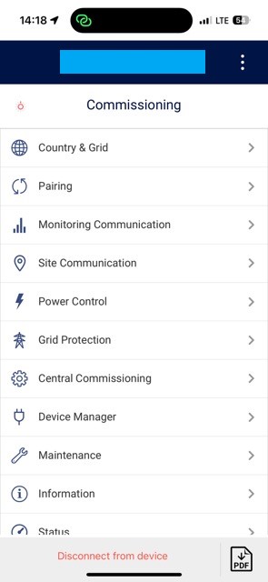 Meni Commissioning v aplikaciji razsmernika z Country Grid, Site Communication, Power Control