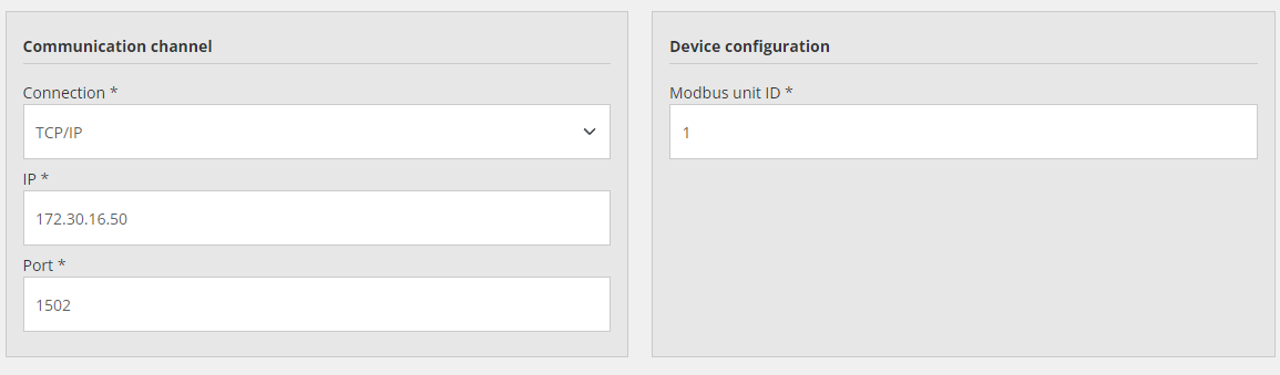 Nastavitve Modbus TCP v Reduxi Configurator: TCP/IP, IP 172.30.16.50, vrata 1502, unit ID 1