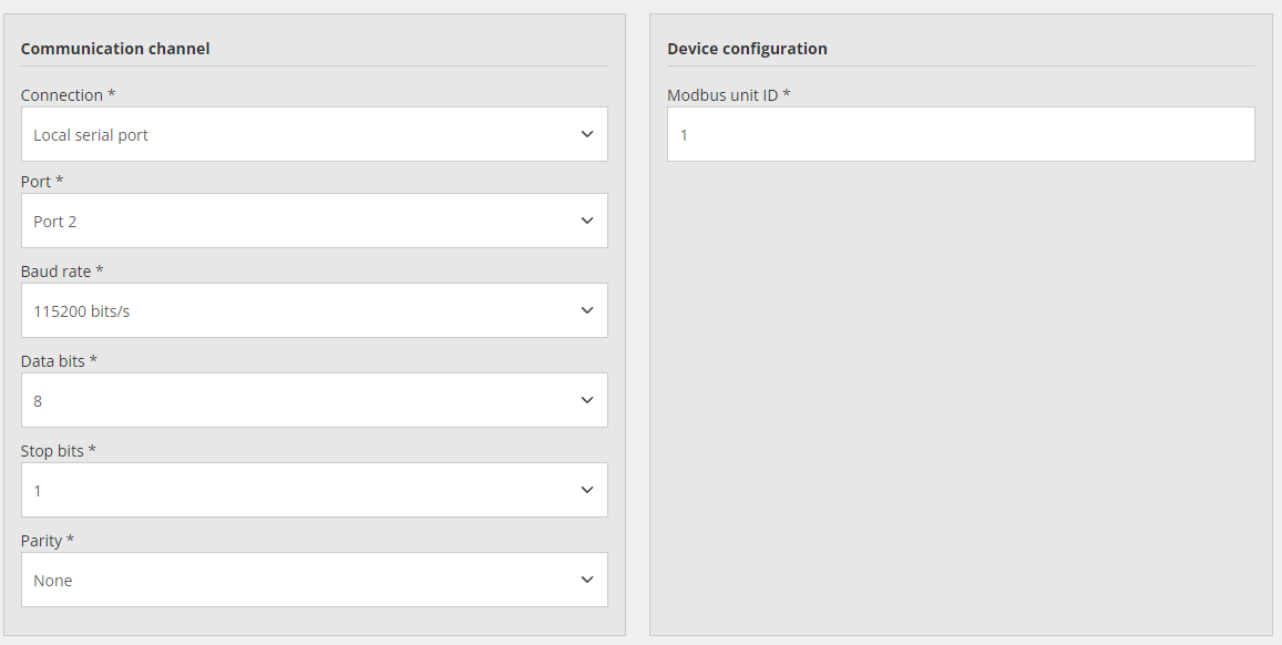 Nastavitve Modbus RTU v Reduxi Configurator: Port 2, 115200 bits/s, 8 podatkovnih bitov, 1 stop bit, brez pariteta