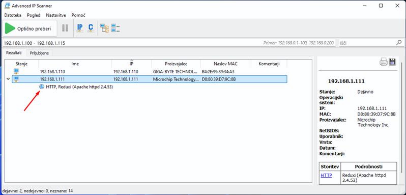 Rezultati Advanced IP Scanner: 192.168.1.111 naprava Microchip s storitvijo HTTP Reduxi (Apache httpd 2.4.53), rdeča puščica