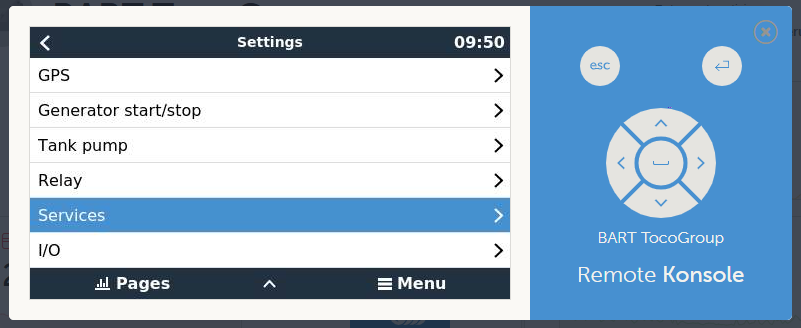 Menu Settings de la Remote Console Victron GX avec Services mis en évidence