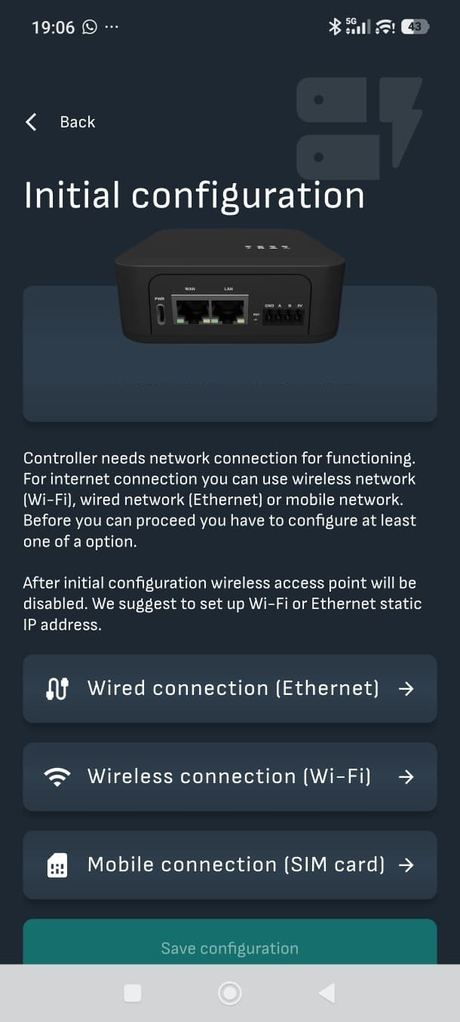 Reduxi-sovelluksen Initial configuration: langallinen (Ethernet), langaton (Wi-Fi) ja mobiili (SIM card) vaihtoehto, Save configuration