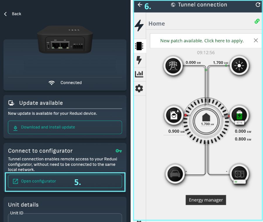 Botón Open configurator de la Reduxi app (paso 5) y la página Home con el flujo de energía de la Tunnel connection (paso 6)