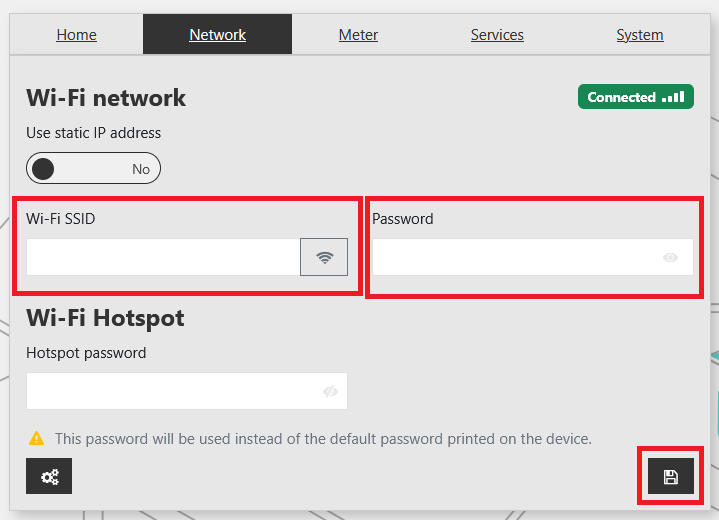 Kartica Network uređaja P1 Ultra: polja Wi-Fi SSID i lozinke označena crvenim okvirima, status Wi-Fi-ja Connected