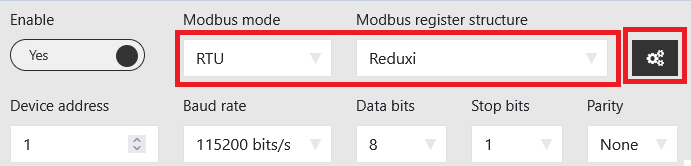Modbus RTU postavke uređaja P1 Ultra: adresa 1, 115200 bits/s, 8 data bits, 1 stop bit, parity None