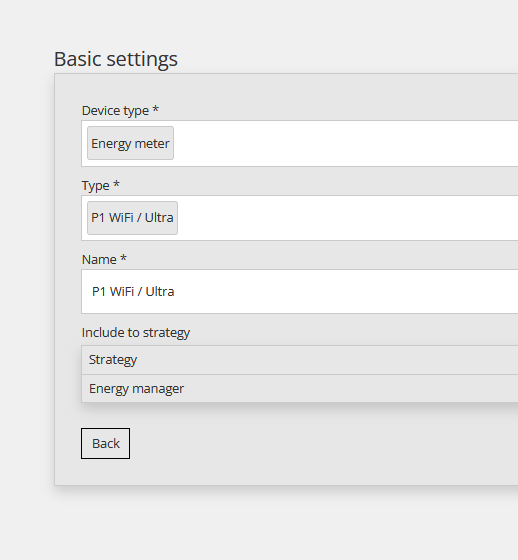 Basic settings u Reduxi Configuratoru: Device type Energy meter, Type P1 WiFi / Ultra, Name P1 WiFi / Ultra