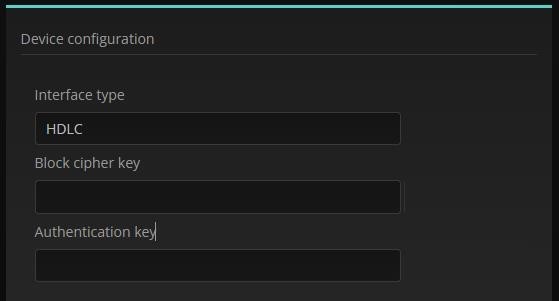 Konfiguracija naprave v Reduxi Configurator: tip vmesnika HDLC, ključa za šifriranje in overjanje prazna