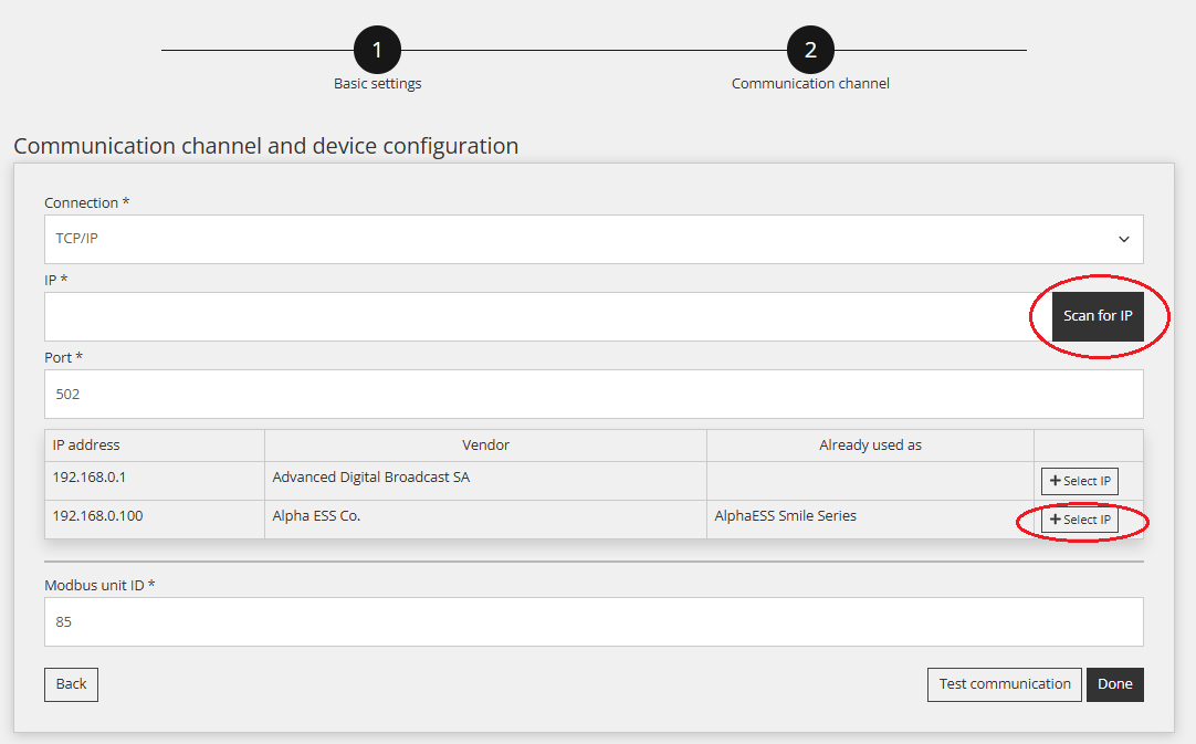 Reduxi Configuratorin Modbus TCP -asetukset: IP-haku, valitse 192.168.0.100 Alpha ESS Co., unit ID 85