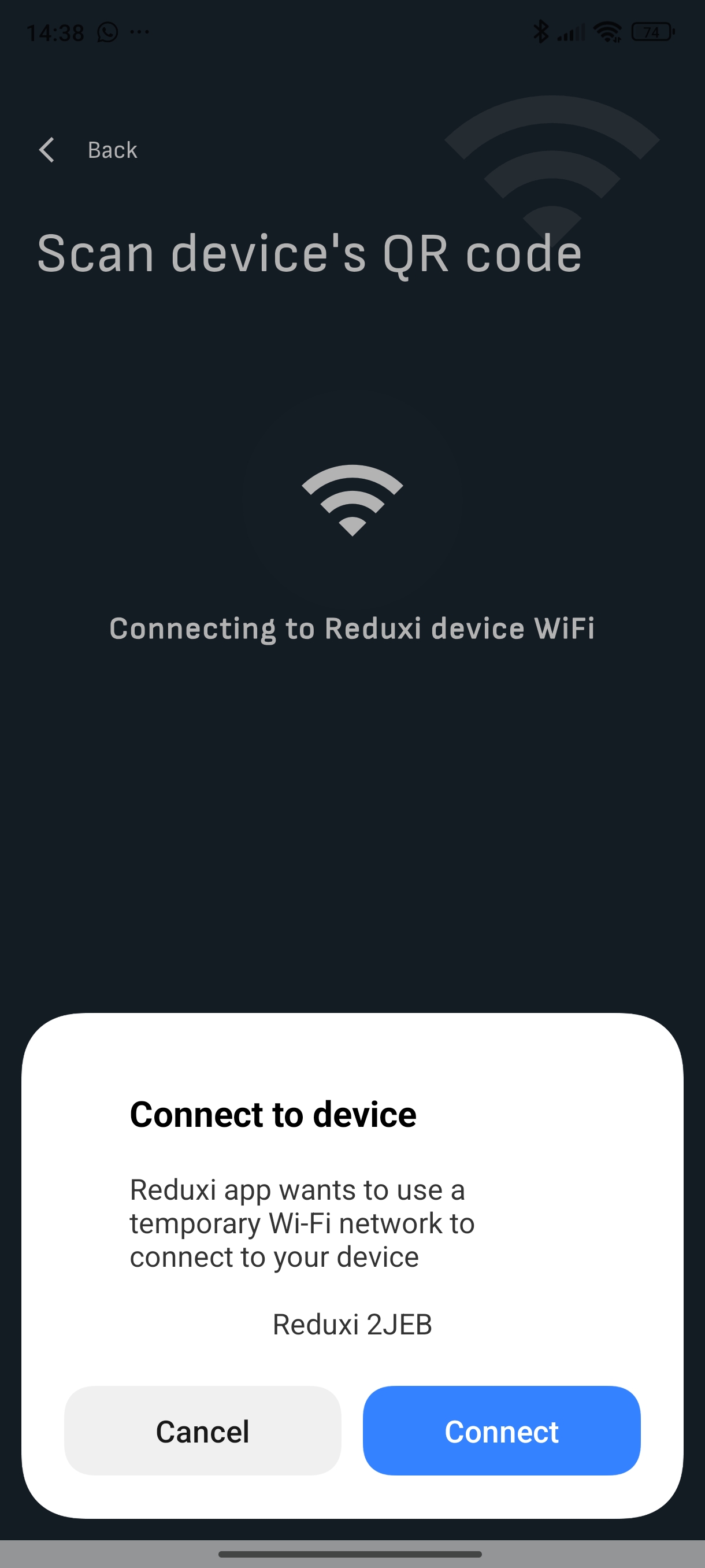 Systémový dialog Connect to device: aplikace Reduxi chce použít dočasnou síť Wi-Fi, Reduxi 2JEB