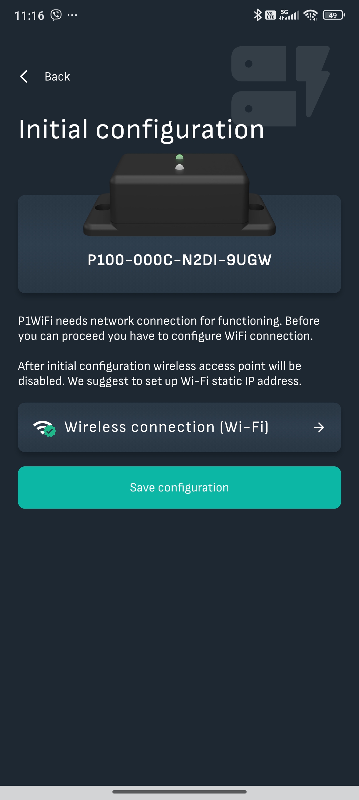 Initial configuration zařízení P1WiFi P100-000C-N2DI-9UGW v aplikaci Reduxi s Wireless connection (Wi-Fi) a Save configuration