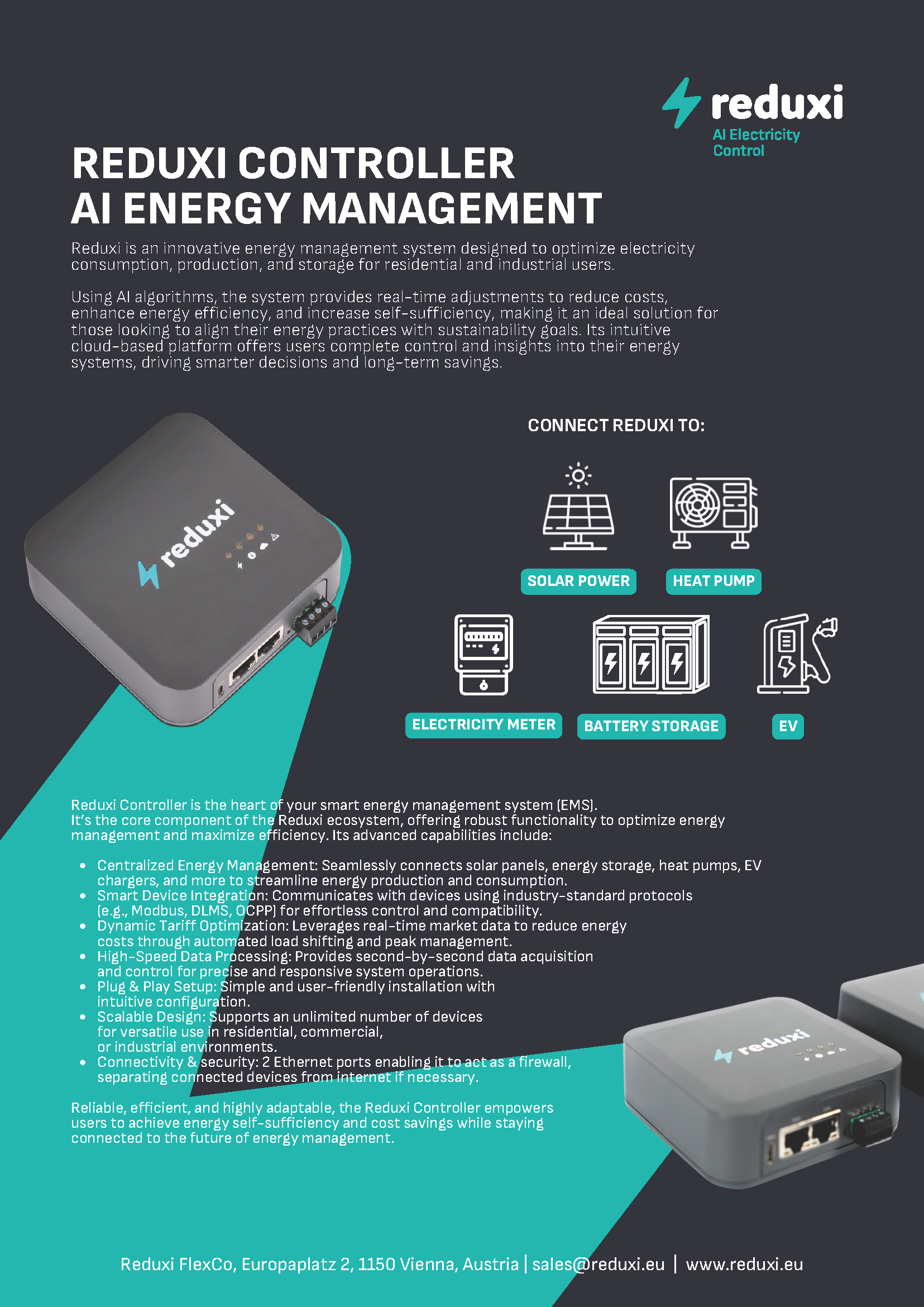 Brošura Reduxi Controller AI Energy Management, fotografije tamnosivog kontrolera i uređaja koji se mogu povezati