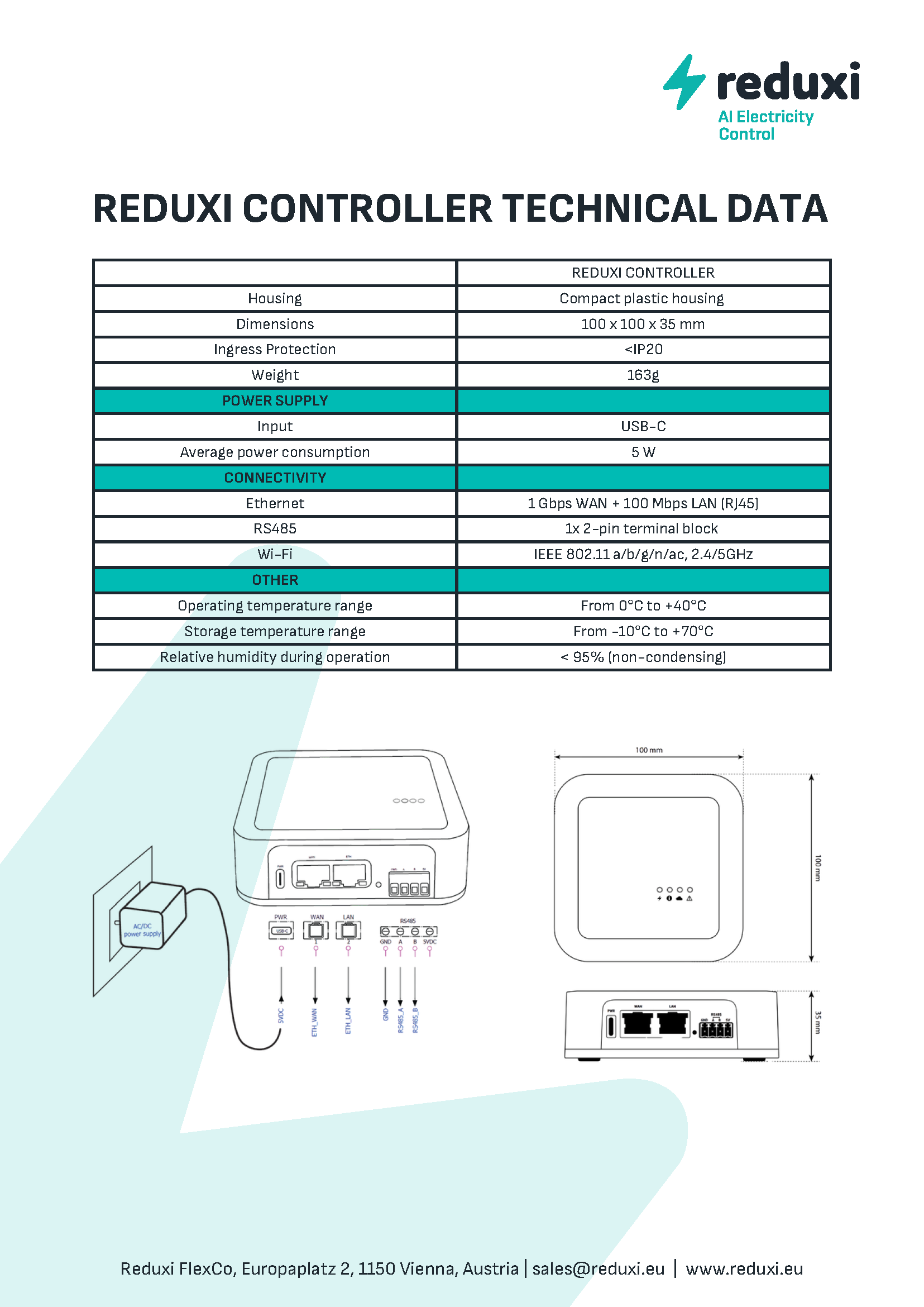 Tehnički list Reduxi Controllera: 100 x 100 x 35 mm, 5 W, WAN, LAN, RS485, AC/DC napajanje