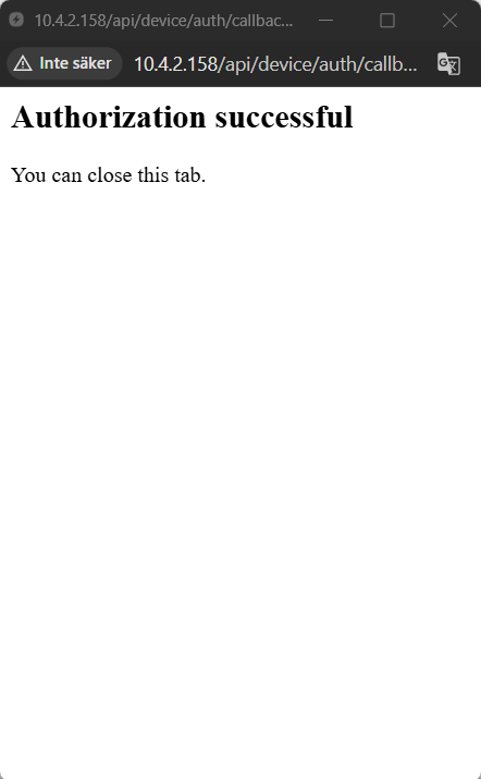 Selainsivu osoitteessa 10.4.2.158/api/device/auth/callback: Authorization successful, You can close this tab