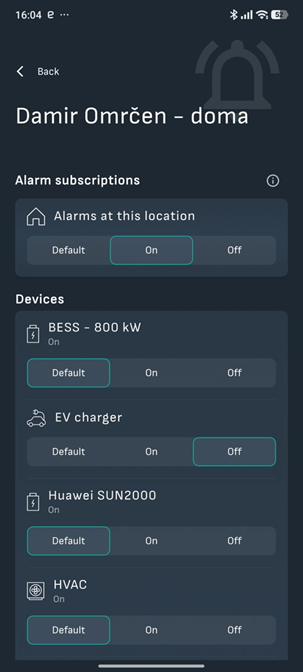 Subscrições de alarmes na Reduxi app para um local: local On, EV charger Off, restantes dispositivos Default