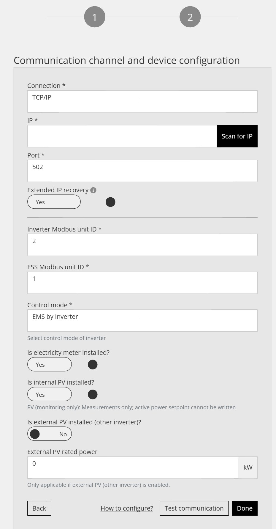 Communicatie-instellingen van de Configurator voor Pylontech Force H3X: Inverter unit ID 2, ESS unit ID 1, EMS by Inverter