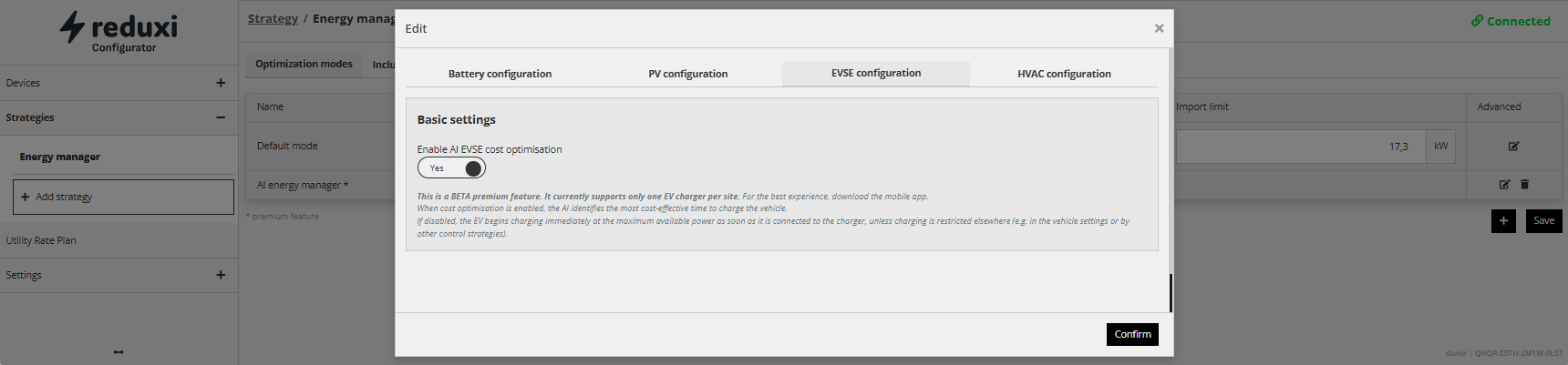 Configurator, caixa de diálogo Edit, separador EVSE configuration: Enable AI EVSE cost optimisation definido como Yes