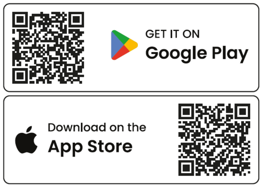Dois emblemas com código QR: transferência da app móvel na Google Play e na Apple App Store