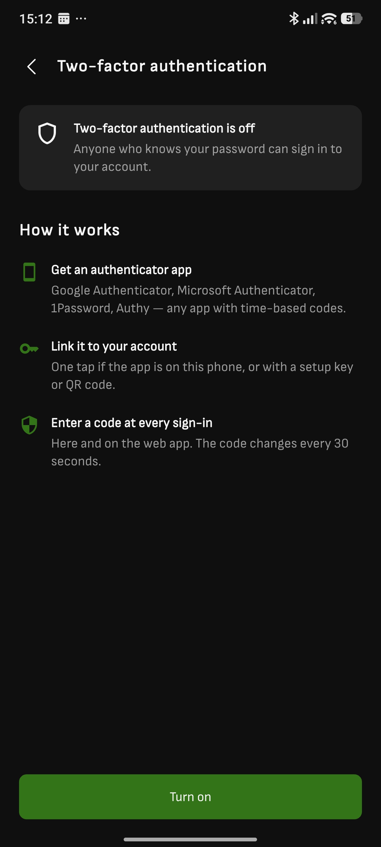 Reduxi mobiele app, scherm Two-factor authentication, status uit, met uitleg en knop Turn on