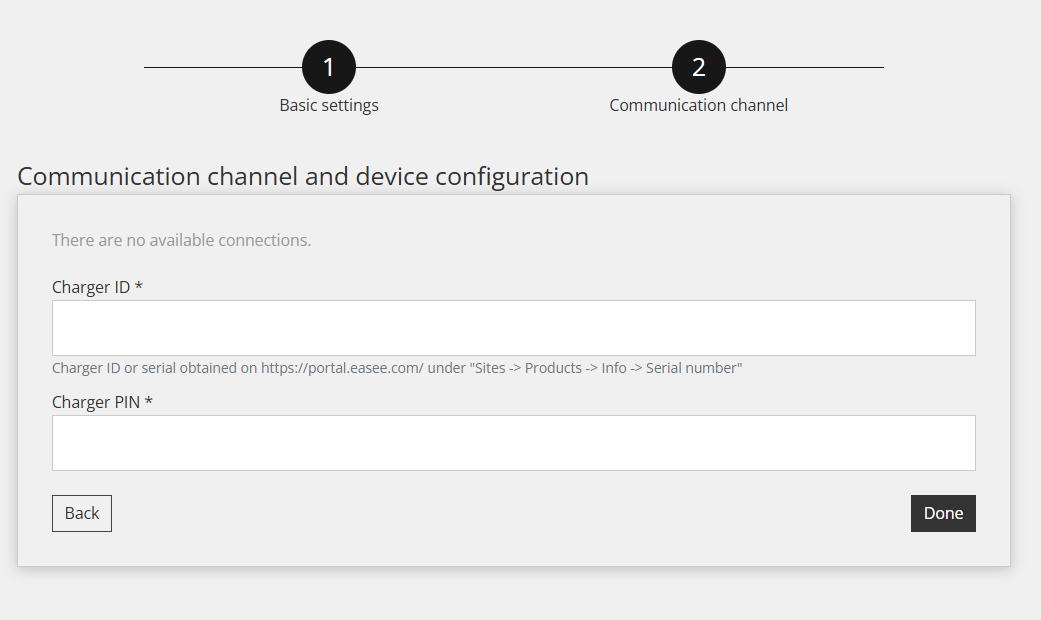Komunikacijski kanal Easee u Reduxi Configuratoru: prazna polja Charger ID i Charger PIN, nema dostupnih veza