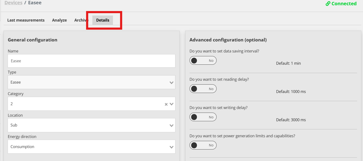 Kartica Details uređaja Easee u Reduxi Configuratoru: prekidači General configuration i Advanced configuration svi na No
