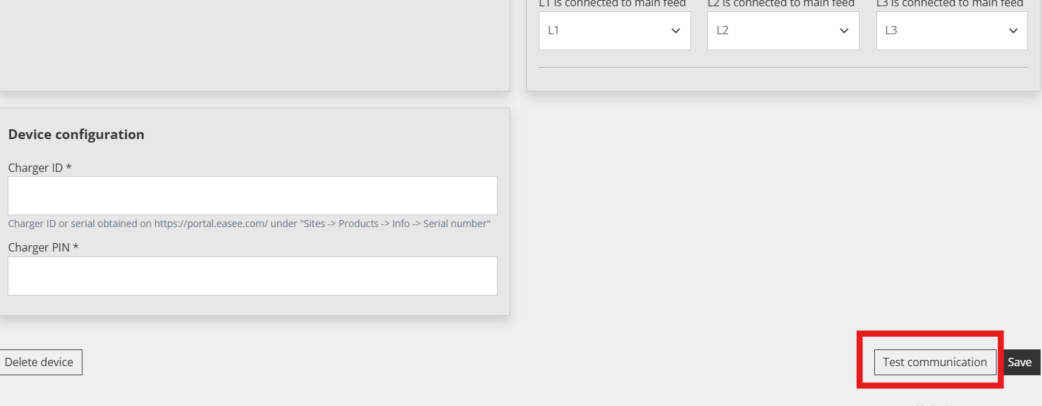 Dno kartice Details u Reduxi Configuratoru: polja Device configuration i gumb Test communication u crvenom okviru