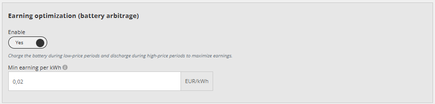 Reduxi Industrialin Earning optimization (akuston arbitraasi): Enable Yes, Min earning per kWh 0,02 EUR/kWh