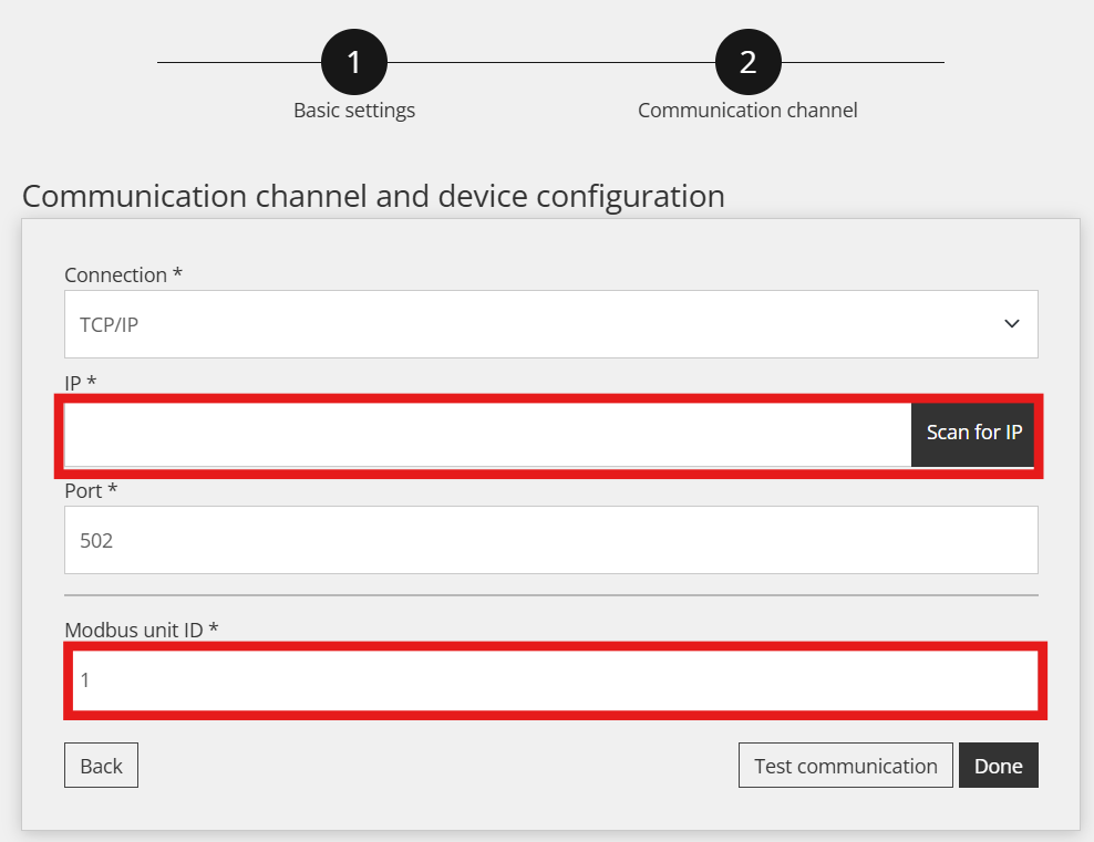 Canale di comunicazione del Reduxi Configurator: TCP/IP, IP vuoto con il pulsante Scan for IP, porta 502, unit ID 1