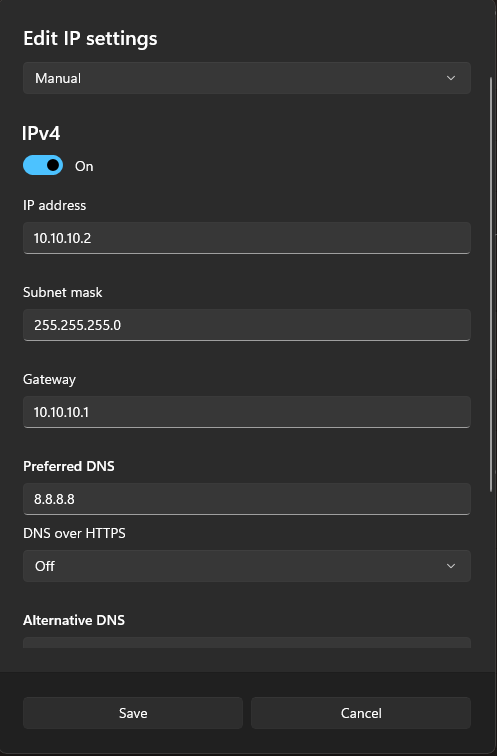 Windows Edit IP settings: manuální IPv4 10.10.10.2, maska 255.255.255.0, brána 10.10.10.1, DNS 8.8.8.8