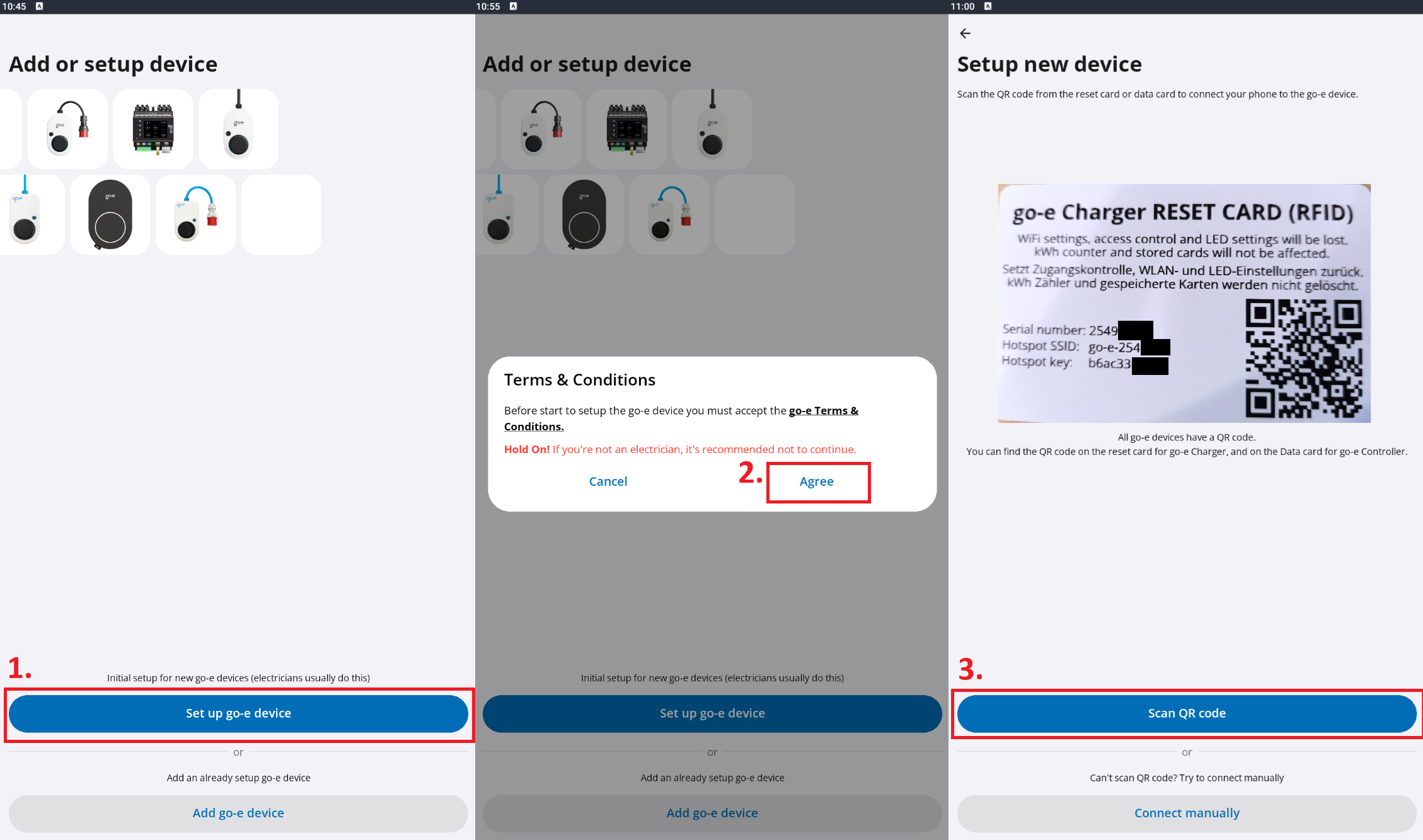 Postavljanje aplikacije go-e: Add or setup device, Terms and Conditions Agree, skeniranje QR koda kartice za reset