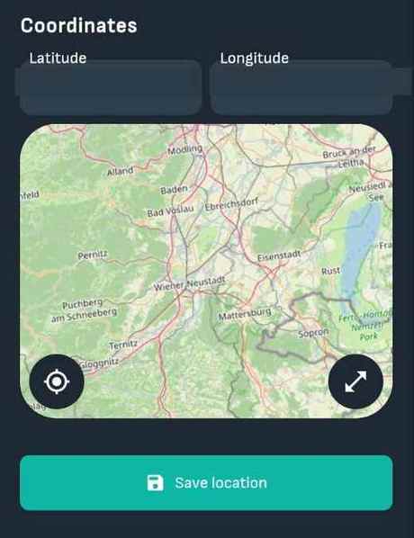 Secção Coordinates da Reduxi App com latitude e longitude, mapa e botão Save location