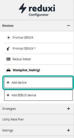 Linkermenu van de Reduxi Configurator met + Add device gemarkeerd onder de apparatenlijst