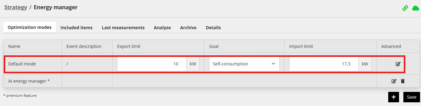Reduxi Configurator, Energy manager, standaardmodus: terugleverlimiet 10 kW, afnamelimiet 17,3 kW, Self-consumption