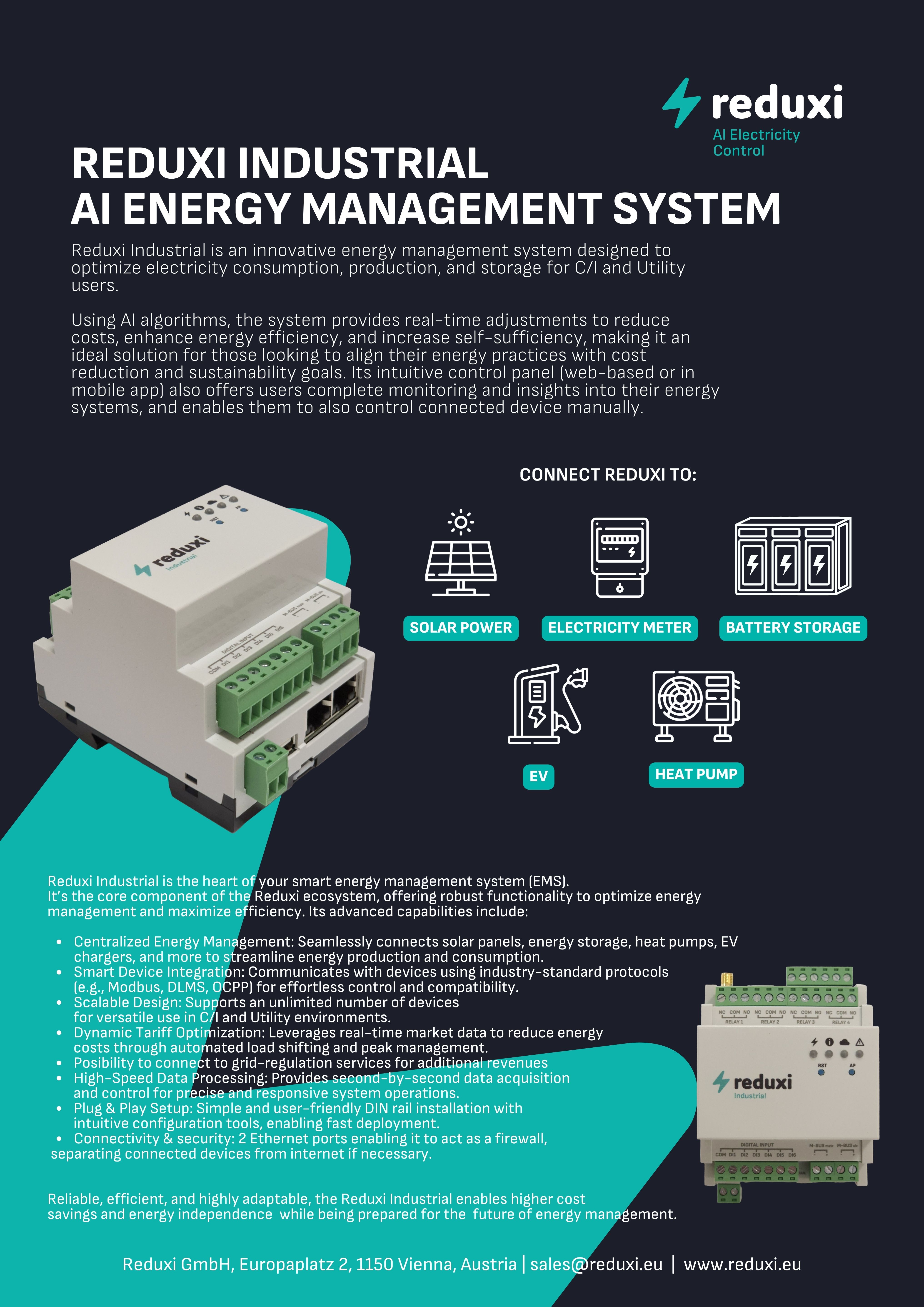 Brožura Reduxi Industrial AI Energy Management System: fotografie řídicí jednotky, připojitelná zařízení, funkce