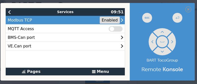 Victron Services -sivu, Modbus TCP asetettu arvoon Enabled