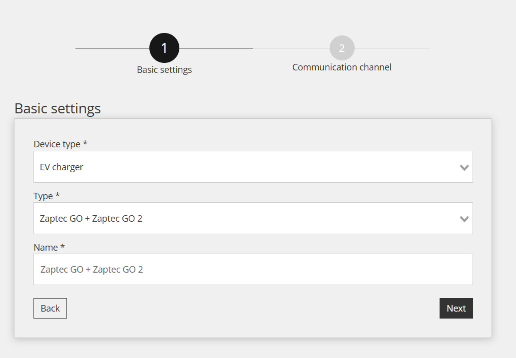 Reduxi Configuratorin perusasetukset: laitetyyppi EV charger, tyyppi Zaptec GO + Zaptec GO 2