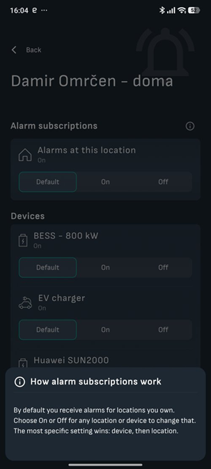 Subscrições de alarmes na Reduxi app com o cartão de informação How alarm subscriptions work
