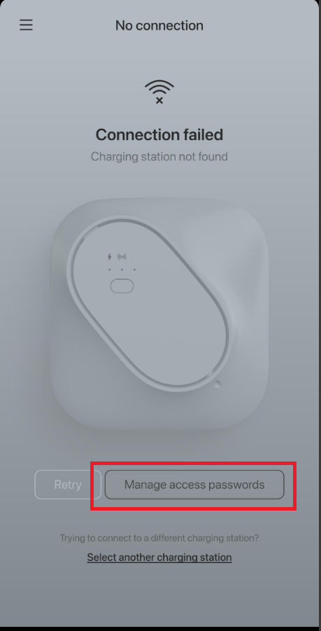 Obrazovka No connection v aplikácii INCH Core, tlačidlo Manage access passwords označené červeným rámčekom